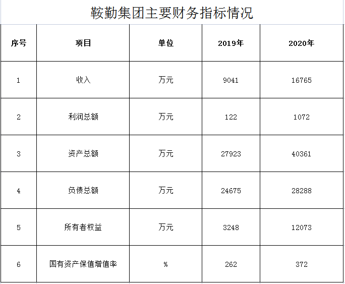 鞍勤集團2019年度-2020年度財務(wù)指標(biāo)情況